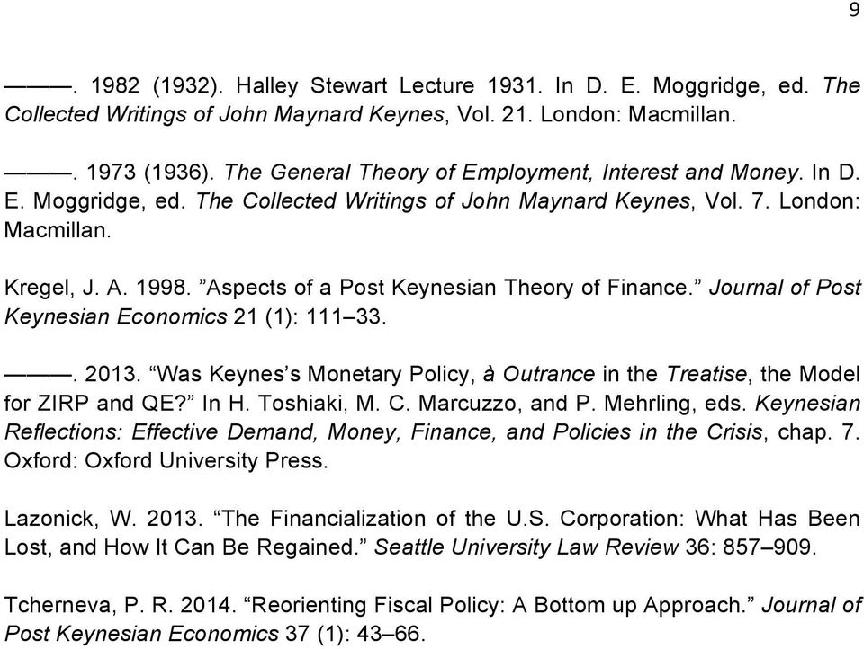 Aspects of a Post Keynesian Theory of Finance. Journal of Post Keynesian Economics 21 (1): 111 33.. 2013. Was Keynes s Monetary Policy, à Outrance in the Treatise, the Model for ZIRP and QE? In H.