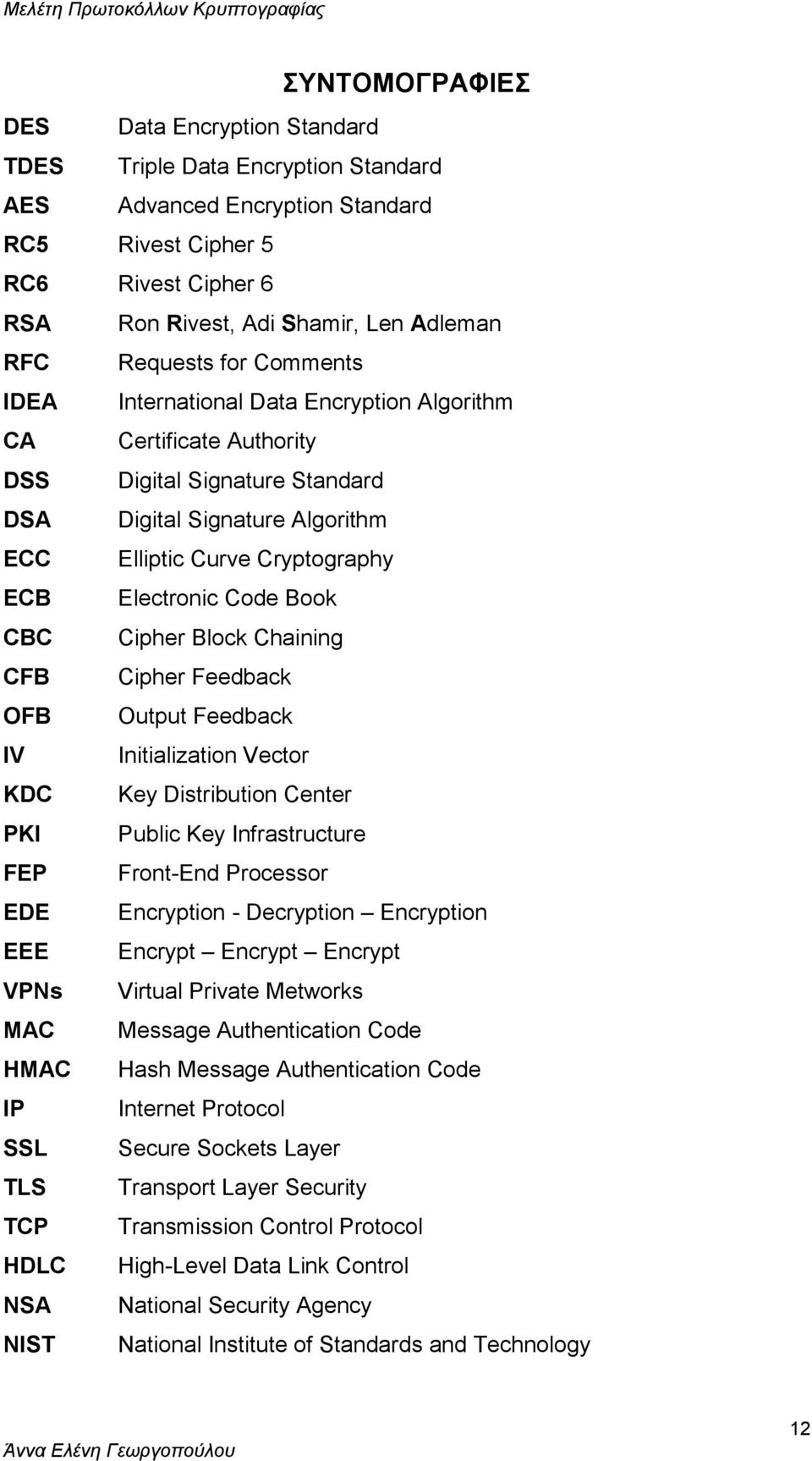 Electronic Code Book CBC Cipher Block Chaining CFB Cipher Feedback OFB Output Feedback IV Initialization Vector KDC Key Distribution Center PKI Public Key Infrastructure FEP Front-End Processor EDE