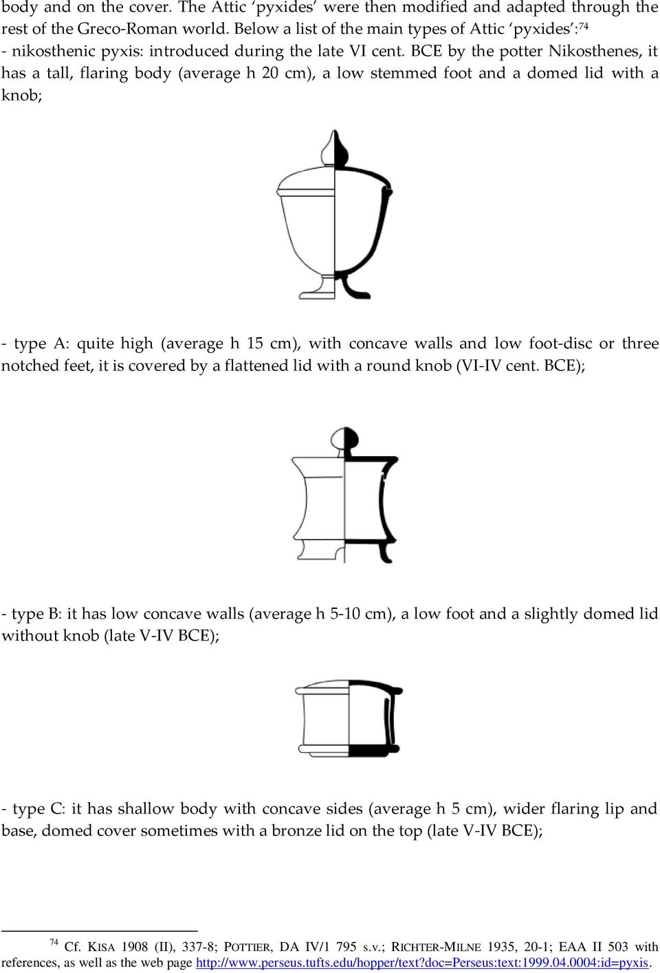 BCE by the potter Nikosthenes, it has a tall, flaring body (average h 20 cm), a low stemmed foot and a domed lid with a knob; - type A: quite high (average h 15 cm), with concave walls and low