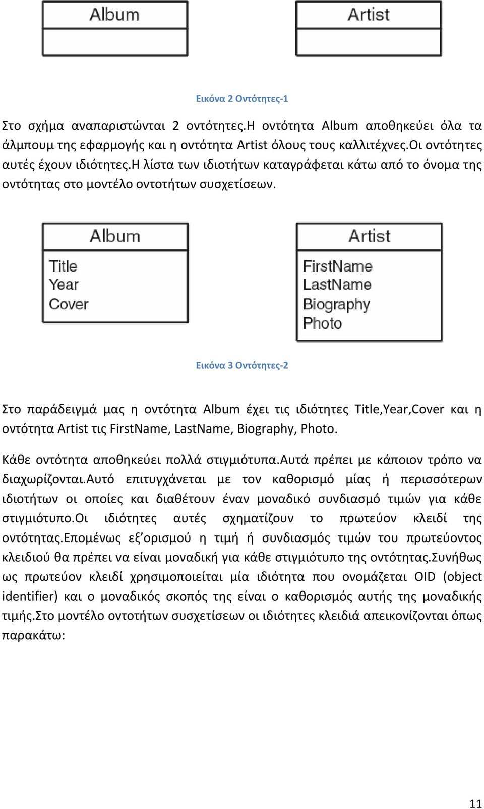 Εικόνα 3 Οντότητες-2 Στο παράδειγμά μας η οντότητα Album έχει τις ιδιότητες Title,Year,Cover και η οντότητα Artist τις FirstName, LastName, Biography, Photo.