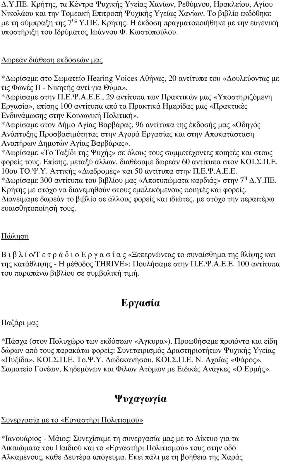 Ψ.Α.Ε.Ε., 29 αντίτυπα των Πρακτικών µας «Υποστηριζόµενη Εργασία», επίσης 100 αντίτυπα από τα Πρακτικά Ηµερίδας µας «Πρακτικές Ενδυνάµωσης στην Κοινωνική Πολιτική».