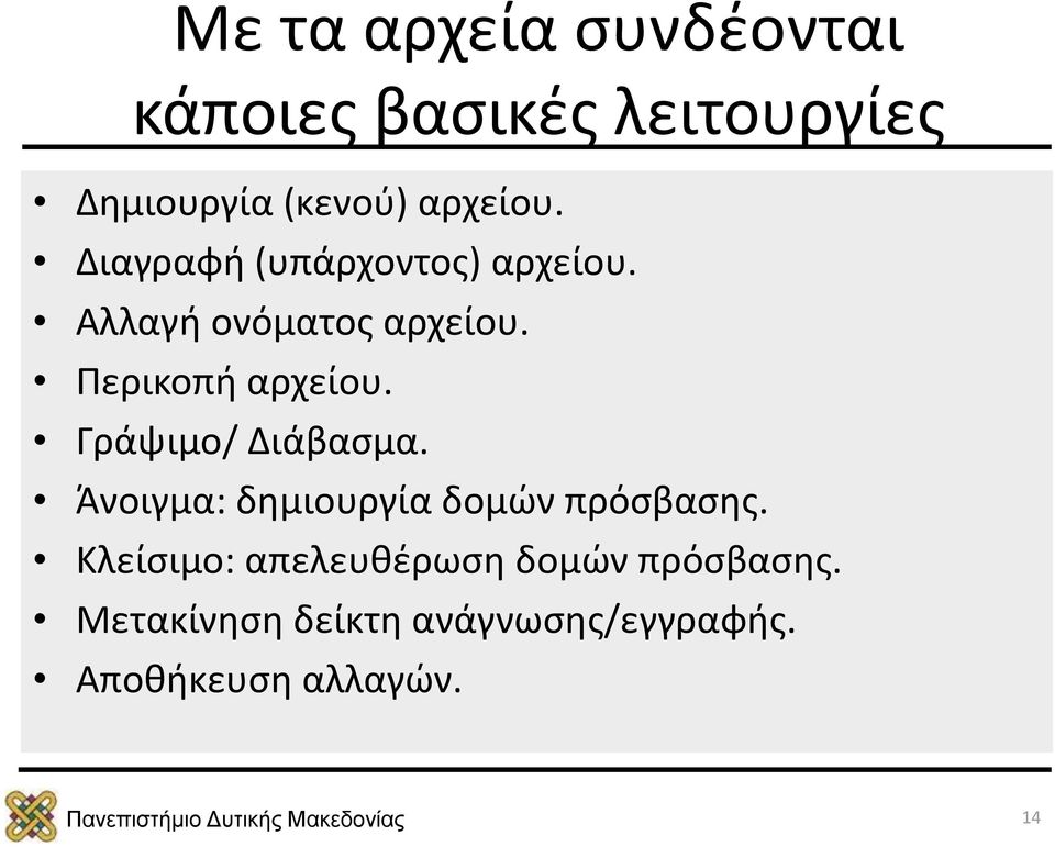 Περικοπή αρχείου. Γράψιμο/ Διάβασμα. Άνοιγμα: δημιουργία δομών πρόσβασης.