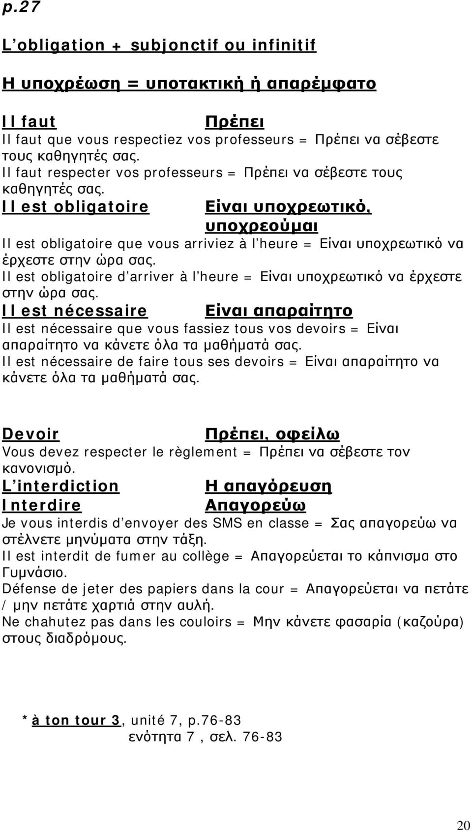 Il est obligatoire Είναι υποχρεωτικό, υποχρεούμαι Il est obligatoire que vous arriviez à l heure = Είναι υποχρεωτικό να έρχεστε στην ώρα σας.