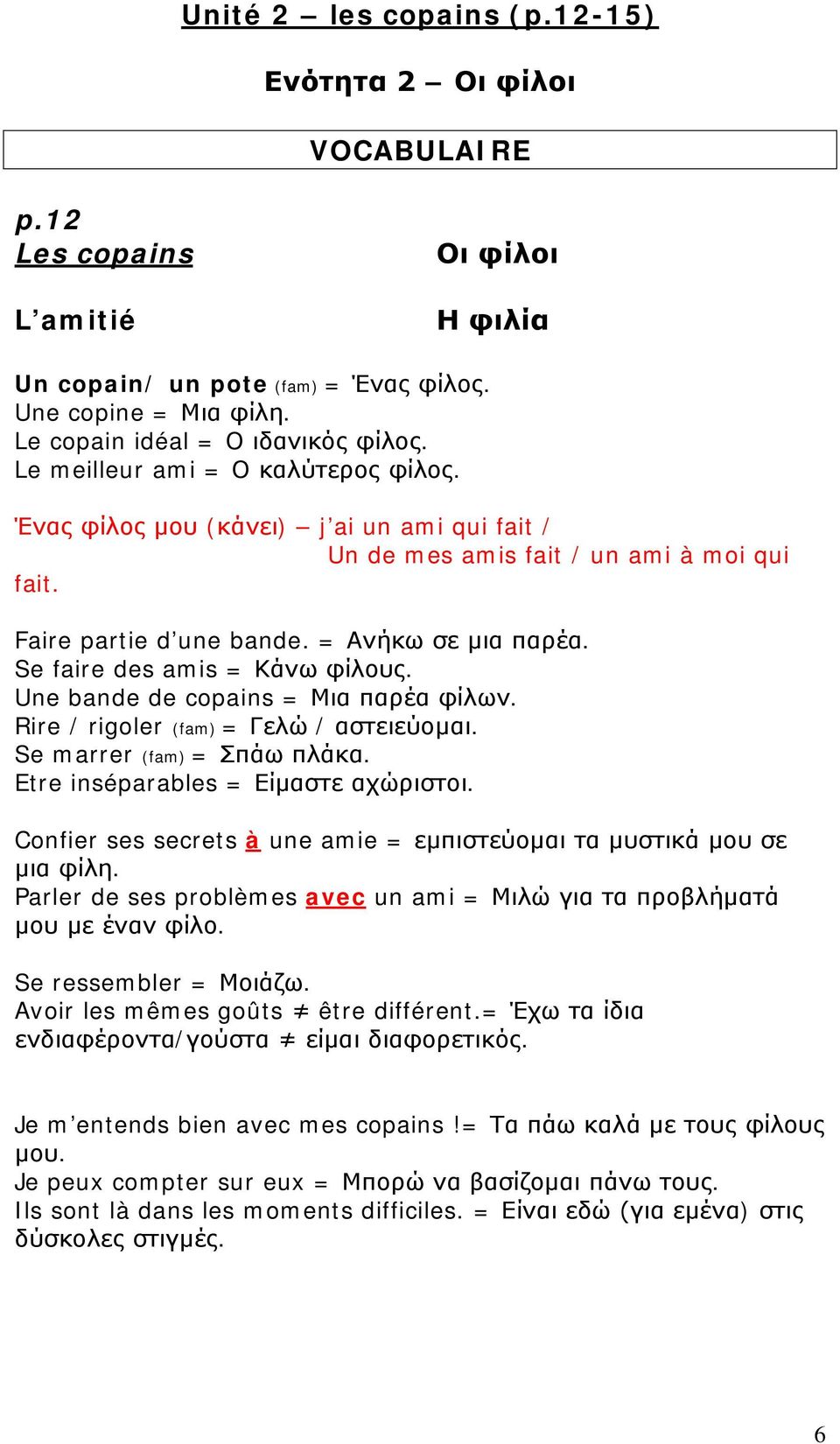 = Ανήκω σε μια παρέα. Se faire des amis = Κάνω φίλους. Une bande de copains = Μια παρέα φίλων. Rire / rigoler (fam) = Γελώ / αστειεύομαι. Se marrer (fam) = Σπάω πλάκα.