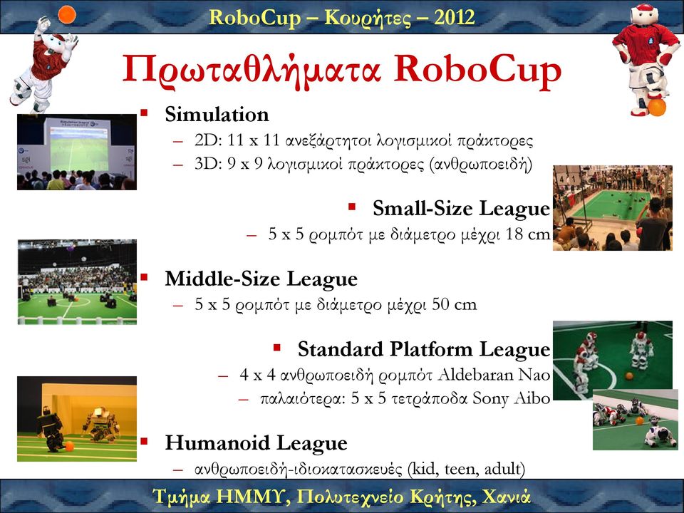 5 x 5 ροµπότ µε διάµετρο µέχρι 50 cm Standard Platform League 4 x 4 ανθρωποειδή ροµπότ Aldebaran