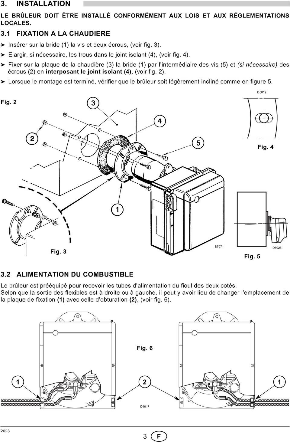 Fixer sur la plaque de la chaudière (3) la bride () par l intermédiaire des vis (5) et (si nécessaire) des écrous (2) en interposant le joint isolant (4), (voir fig. 2).