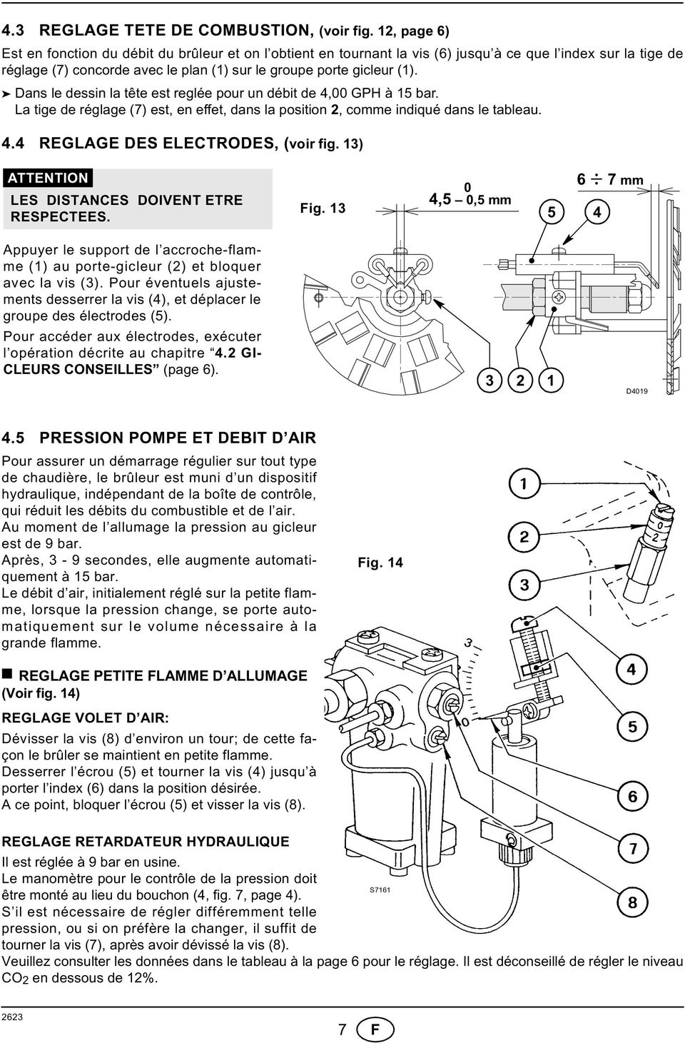 Dans le dessin la tête est reglée pour un débit de 4,00 GP à 5 bar. La tige de réglage (7) est, en effet, dans la position 2, comme indiqué dans le tableau. 4.4 REGLAGE DES ELECTRODES, (voir fig.