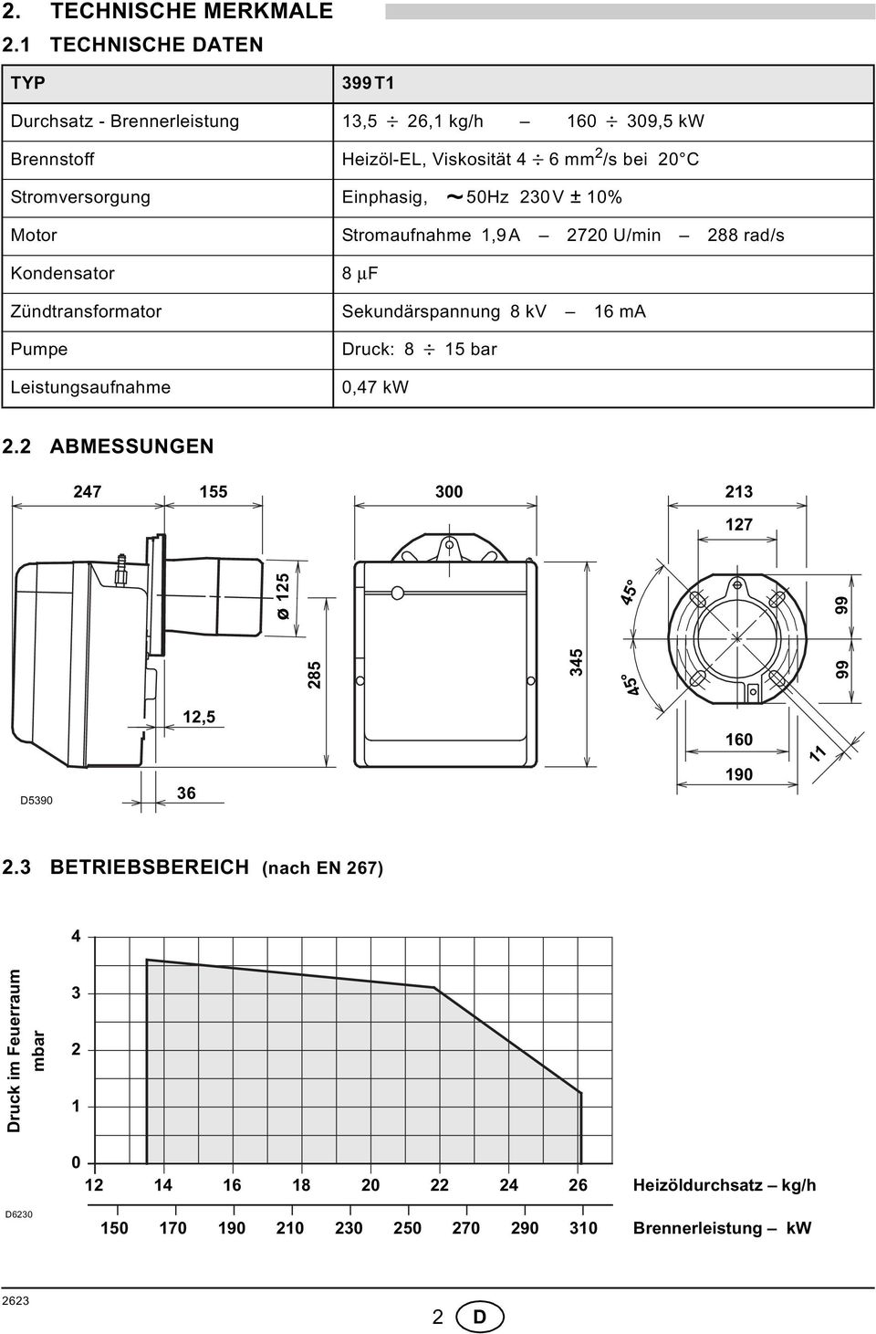 Einphasig, ~ 50z 230V ± 0% Motor Stromaufnahme,9A 2720 U/min 288 rad/s Kondensator 8 µf Zündtransformator Sekundärspannung 8 kv 6 ma Pumpe