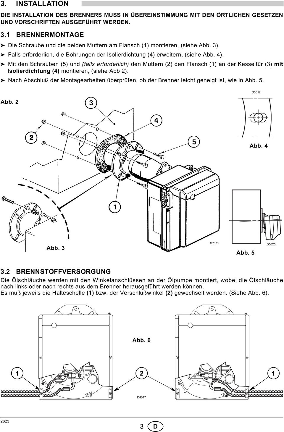 Mit den Schrauben (5) und (falls erforderlich) den Muttern (2) den Flansch () an der Kesseltür (3) mit Isolierdichtung (4) montieren, (siehe Abb 2).