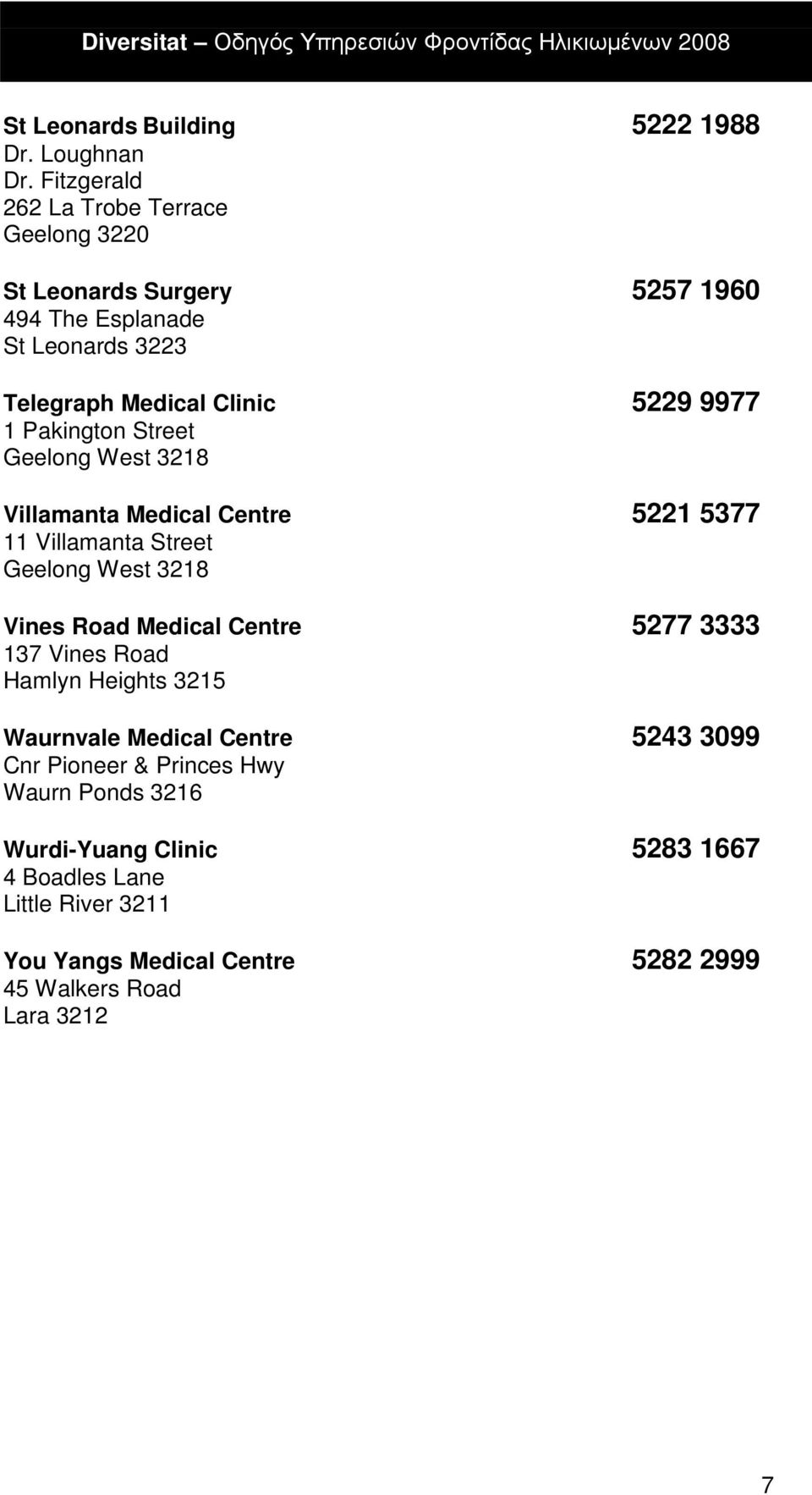 1 Pakington Street Geelong West 3218 Villamanta Medical Centre 5221 5377 11 Villamanta Street Geelong West 3218 Vines Road Medical Centre 5277
