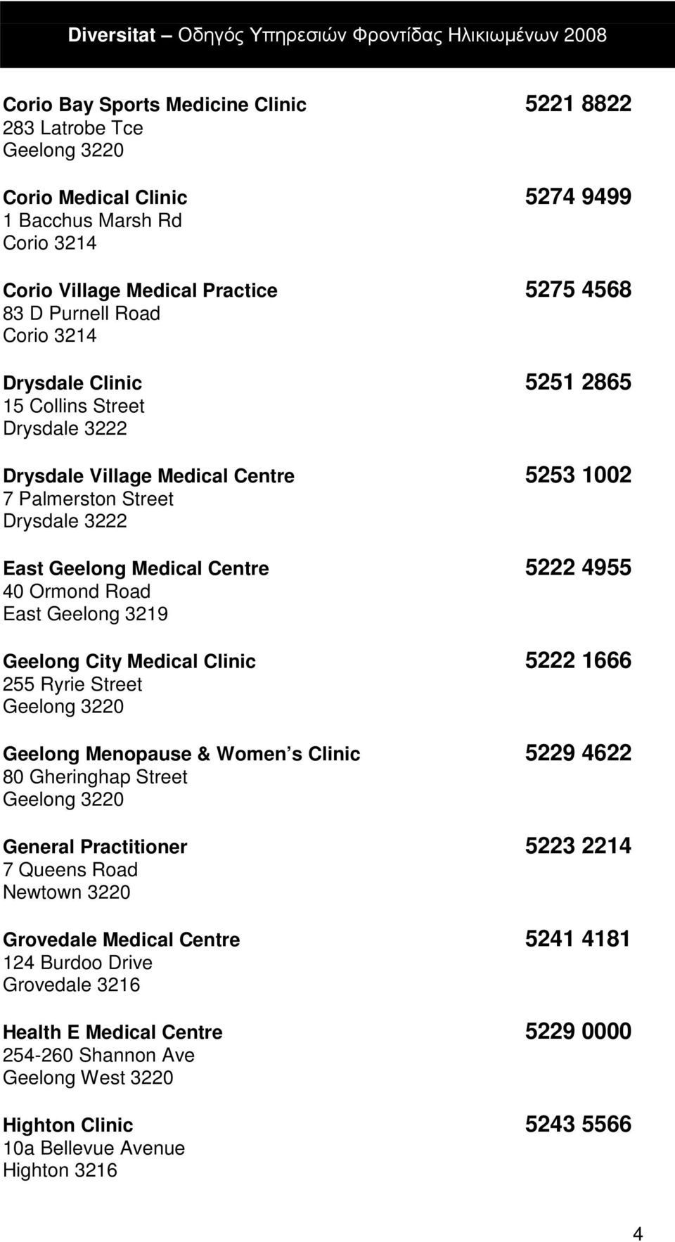 Geelong 3219 Geelong City Medical Clinic 5222 1666 255 Ryrie Street Geelong 3220 Geelong Menopause & Women s Clinic 5229 4622 80 Gheringhap Street Geelong 3220 General Practitioner 5223 2214 7 Queens