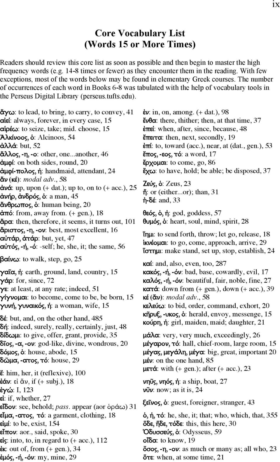 The number of occurrences of each word in Books 6-8 was tabulated with the help of vocabulary tools in the Perseus Digital Library (perseus.tufts.edu).