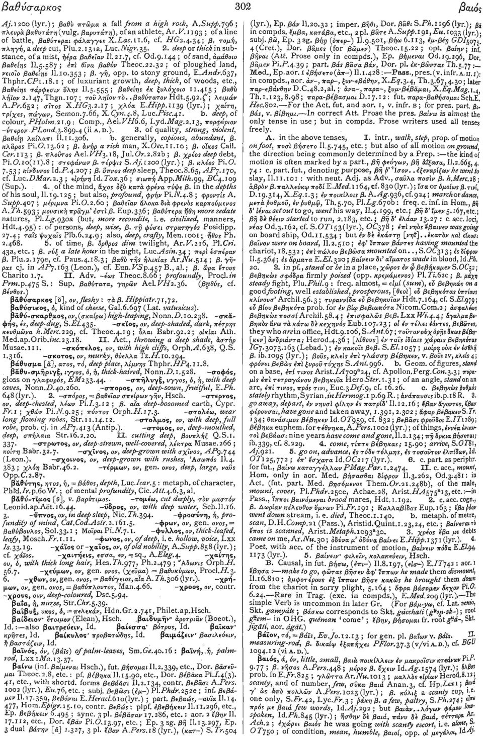 587 ; επί θΐνα βαθύν Tl1eoc.22.32 ; of ploughed land, νειοΐο βαθείης ll.10.353; β. γη, ορρ. to stony ground, E.Andr.637, Thphr.GP1.18.1 ; of luxuriant growth, deep, thick, of woods, etc.