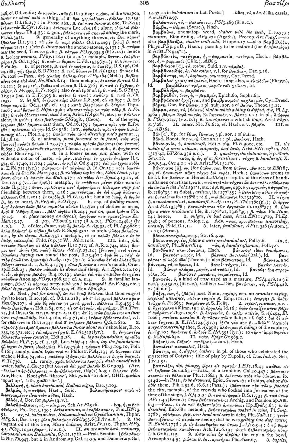 generally of anything thrown, εις άλα λύματ' έβαλλον Ι1.Ι.3Ι4; T «εν / iv πυρϊ βάλλε ז Od.14.429 L^Va] β- ποτϊ iritpas 12-71', εόνάί β. throw out the anchor-stones, 9.137 5 β.