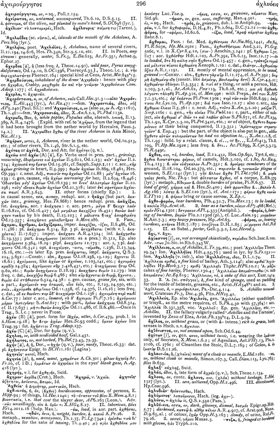 Άχελώϊος, S, Achelous, name of several rivers, II.21.194', 24.616, Hes. PA.340, Str.9.5.10, etc. II. in Poets, any stream: generally, water, S.Fr.5, E.Ba.625, Ar.Pr.351, Achae.9, Ephor.27.