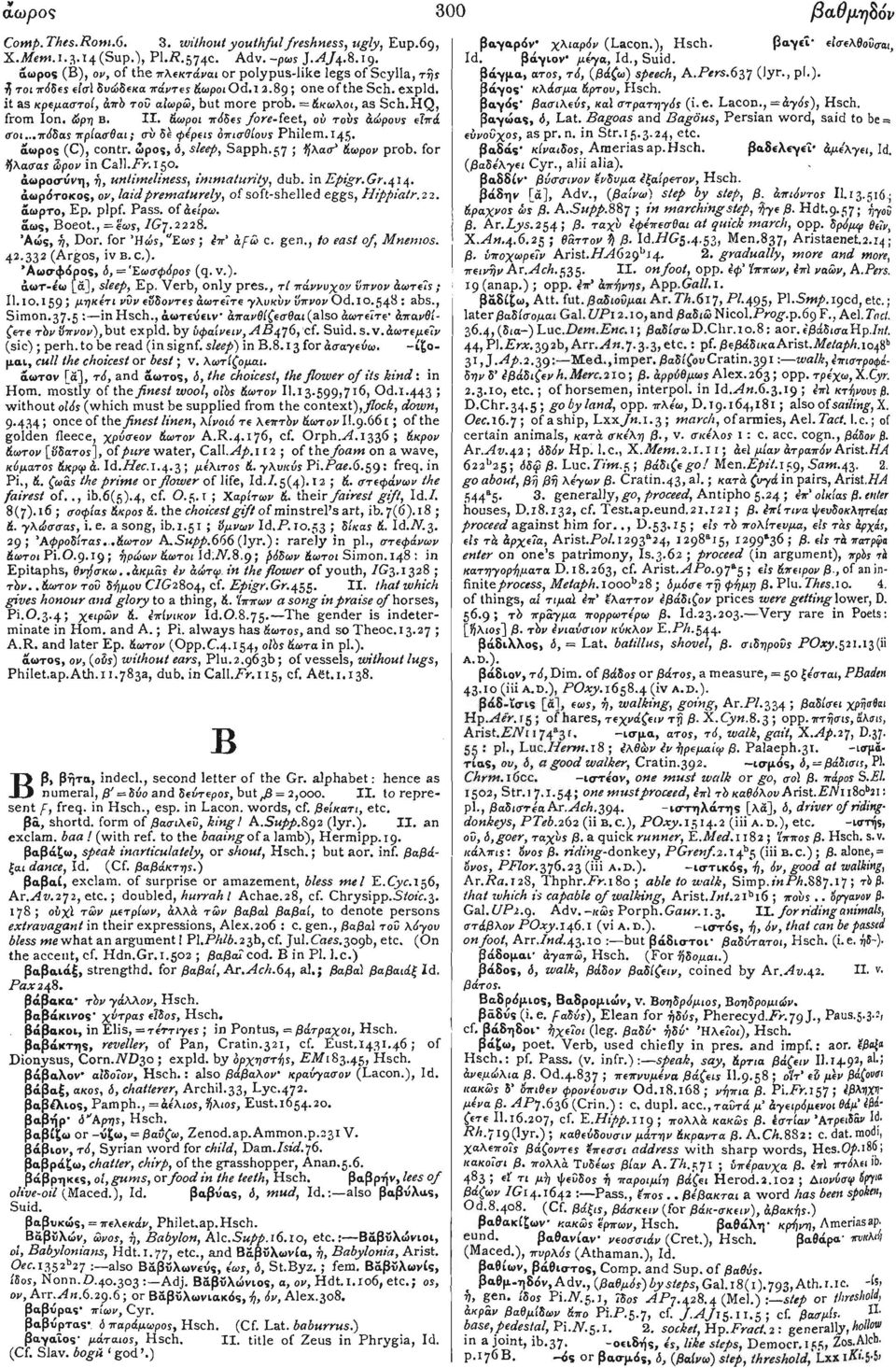 89; One of the Sch. expld. βάγος' κλάσμα άρτου, Hsch. it as κρεμαστοί, άπό τον αίωρω, but more prob. = άκωλοι, as Sch.HQ, βαγάς- βασιλεύς, καϊ στρατηγός (i.e. Lacon., -άγός), Hsch. from Ion. &ρη Β.