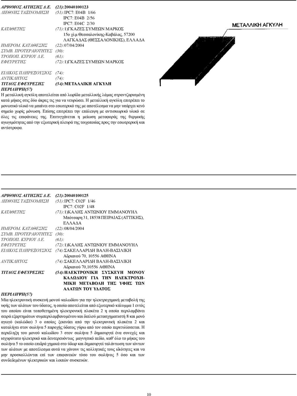 ΗΜΕΡΟΜ. ΚΑΤΑΘΕΣΗΣ (22):07/04/2004 ΣΥΜΒ. ΠΡΟΤΕΡΑΙΟΤΗΤΕΣ (30): ΤΡΟΠΟΠ. ΚΥΡΙΟΥ.Ε. (61): (72):1)ΓΚΑΖΕΣ ΣΥΜΕΩΝ ΜΑΡΚΟΣ ΕΙ ΙΚΟΣ ΠΛΗΡΕΞΟΥΣΙΟΣ (74): (74): ΤΙΤΛΟΣ ΕΦΕΥΡΕΣΗΣ (54):ΜΕΤΑΛΛΙΚΗ ΑΓΚΥΛΗ Η µεταλλική