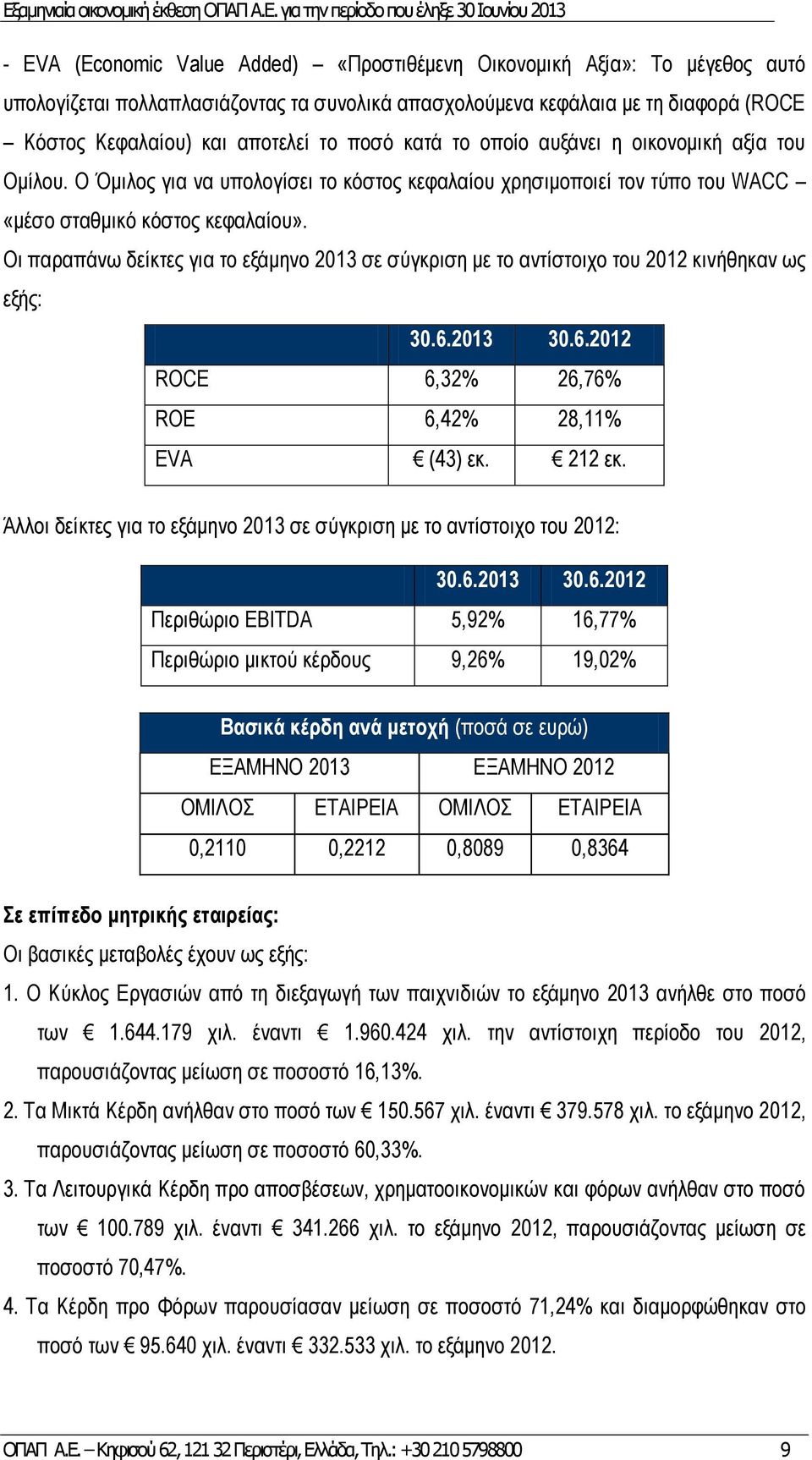 Οι παραπάνω δείκτες για το εξάμηνο 2013 σε σύγκριση με το αντίστοιχο του 2012 κινήθηκαν ως εξής: 30.6.2013 30.6.2012 ROCE 6,32% 26,76% ROE 6,42% 28,11% EVA (43) εκ. 212 εκ.