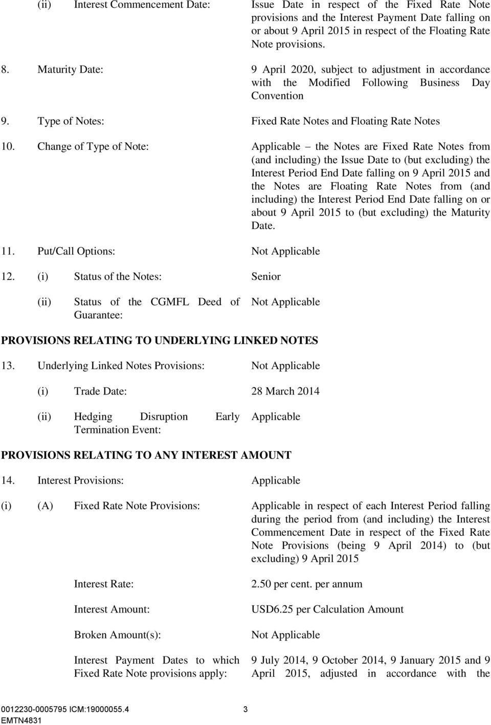 Change of Type of Note: Applicable the Notes are Fixed Rate Notes from (and including) the Issue Date to (but excluding) the Interest Period End Date falling on 9 April 2015 and the Notes are