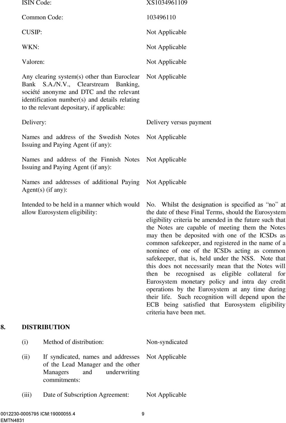 , Clearstream Banking, société anonyme and DTC and the relevant identification number(s) and details relating to the relevant depositary, if applicable: Delivery: Names and address of the Swedish