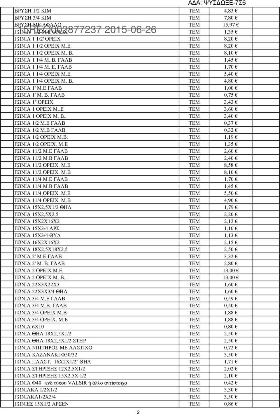 .Ε ΤΕΜ 3,60 ΓΩΝΙΑ 1 ΟΡΕΙΧ Μ. Β.. ΤΕΜ 3,40 ΓΩΝΙΑ 1/2 Μ.Ε ΓΑΛΒ ΤΕΜ 0,37 ΓΩΝΙΑ 1/2 Μ.Β ΓΑΛΒ. ΤΕΜ 0,32 ΓΩΝΙΑ 1/2 ΟΡΕΙΧ Μ.Β. ΤΕΜ 1,19 ΓΩΝΙΑ 1/2 ΟΡΕΙΧ. Μ.Ε ΤΕΜ 1,35 ΓΩΝΙΑ 11/2 Μ.