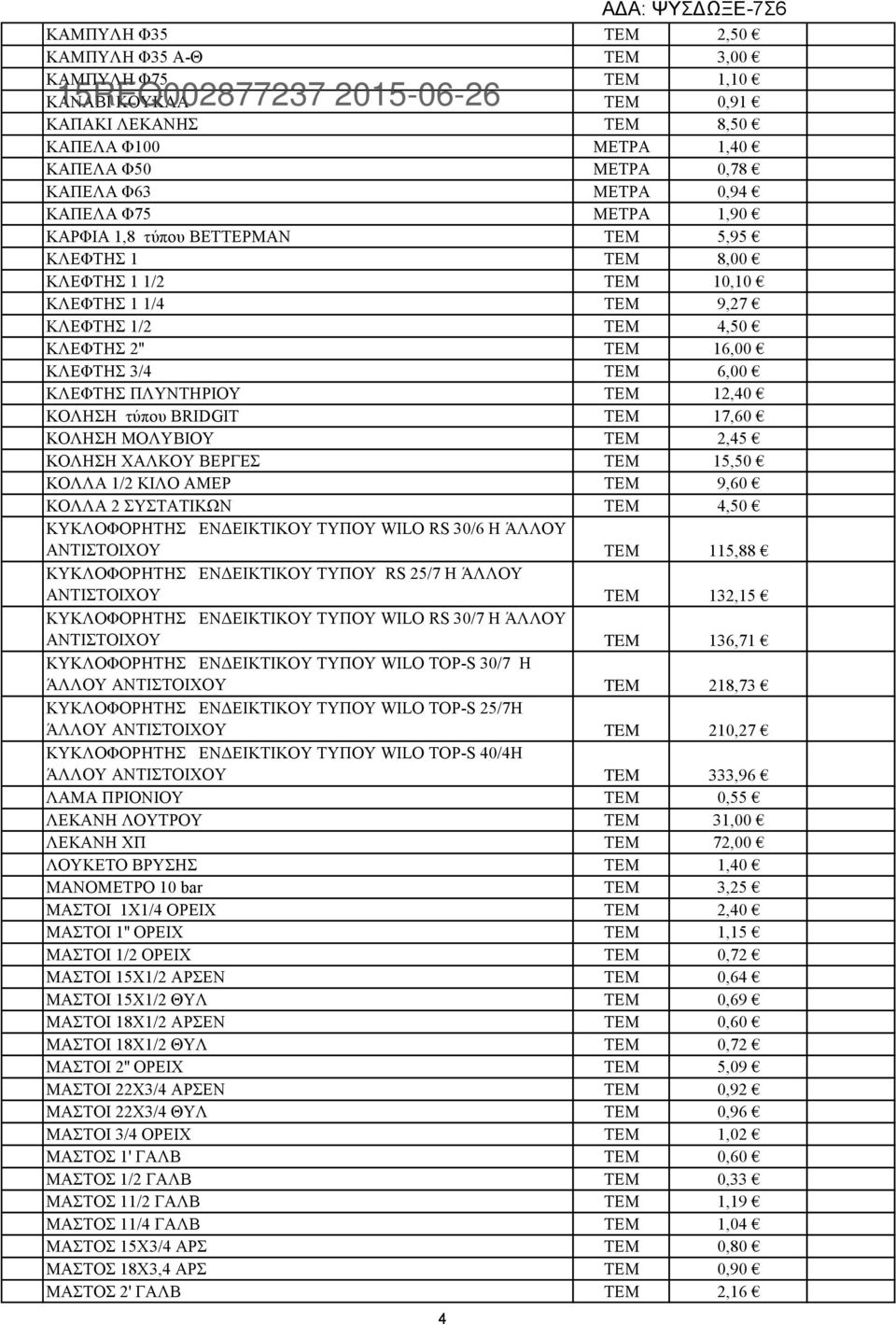 ΚΛΕΦΤΗΣ ΠΛΥΝΤΗΡΙΟΥ ΤΕΜ 12,40 ΚΟΛΗΣΗ τύπου BRIDGIT ΤΕΜ 17,60 ΚΟΛΗΣΗ ΜΟΛΥΒΙΟΥ ΤΕΜ 2,45 ΚΟΛΗΣΗ ΧΑΛΚΟΥ ΒΕΡΓΕΣ ΤΕΜ 15,50 ΚΟΛΛΑ 1/2 ΚΙΛΟ ΑΜΕΡ ΤΕΜ 9,60 ΚΟΛΛΑ 2 ΣΥΣΤΑΤΙΚΩΝ ΤΕΜ 4,50 ΚΥΚΛΟΦΟΡΗΤΗΣ ΕΝΔΕΙΚΤΙΚΟΥ