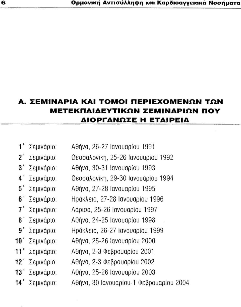 Σεμινάριο: Αθήνα, 30-31 Ιανουαρίου 1993 40 Σεμινάριο: Θεσσαλονίκη, 29-30 Ιανουαρίου 1994 5" Σεμινάριο: Αθήνα, 27-28 Ιανουαρίου 1995 6" Σεμινάριο: Ηράκλειο, 27-28 Ιανουαρίου 1996 70 Σεμινάριο: