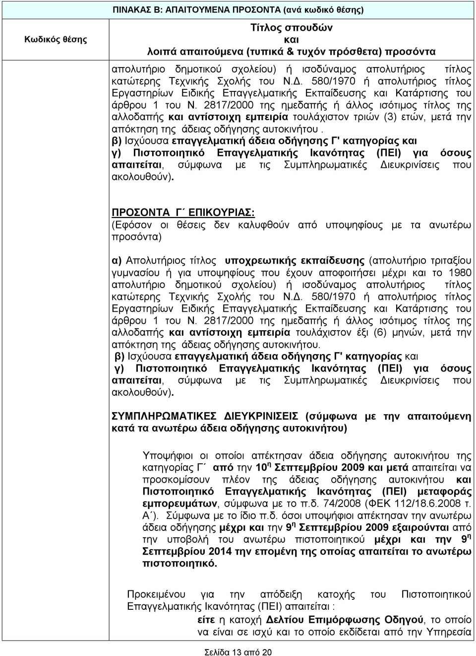 2817/2000 της ημεδαπής ή άλλος ισότιμος τίτλος της αλλοδαπής αντίστοιχη εμπειρία τουλάχιστον τριών (3) ετών, μετά την απόκτηση της άδειας οδήγησης αυτοκινήτου.