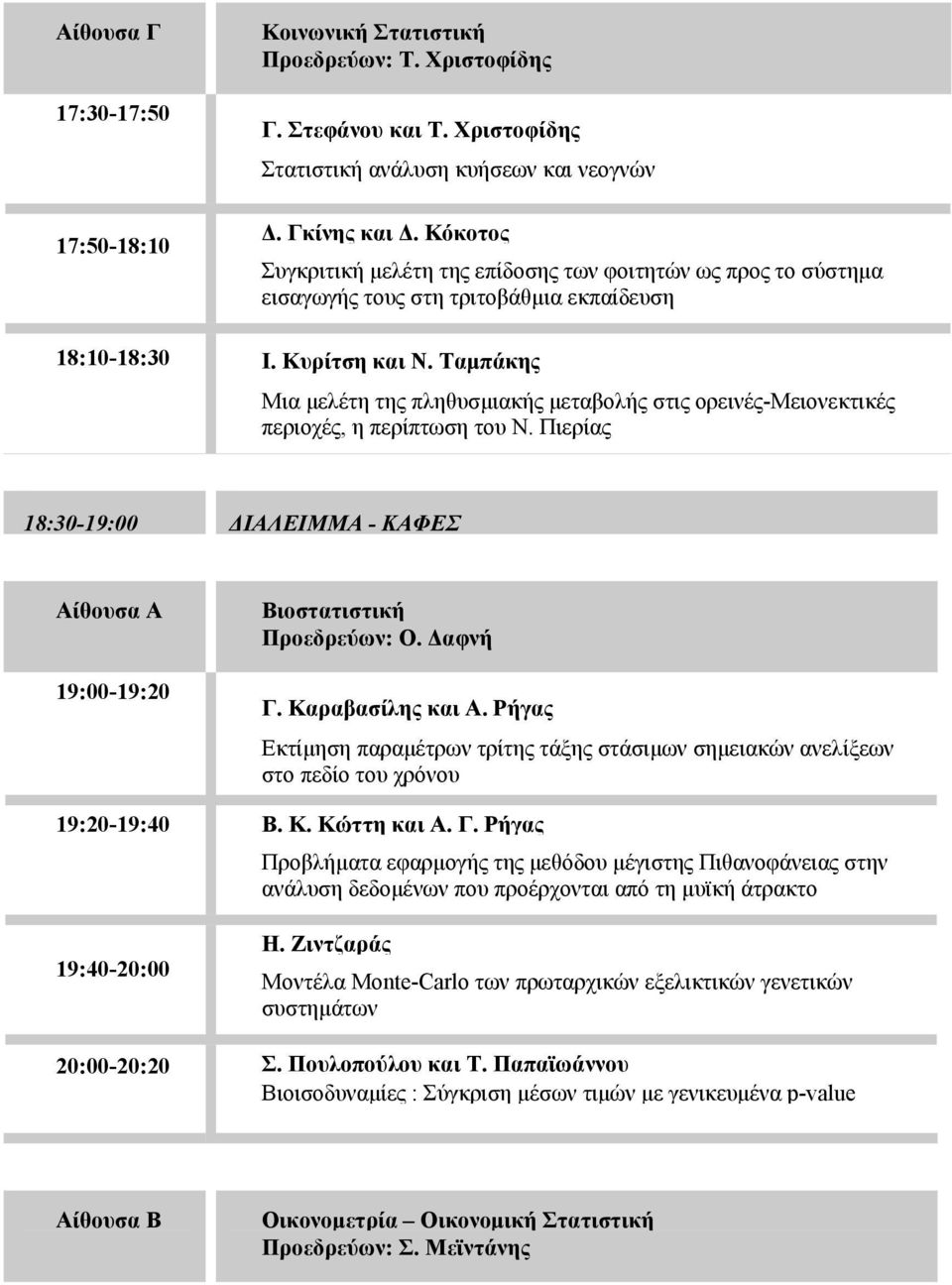 Ταμπάκης Μια μελέτη της πληθυσμιακής μεταβολής στις ορεινές-μειονεκτικές περιοχές, η περίπτωση του Ν. Πιερίας 18:30-19:00 ΔΙΑΛΕΙΜΜΑ - ΚΑΦΕΣ Αίθουσα Α 19:00-19:20 Βιοστατιστική Προεδρεύων: Ο. Δαφνή Γ.