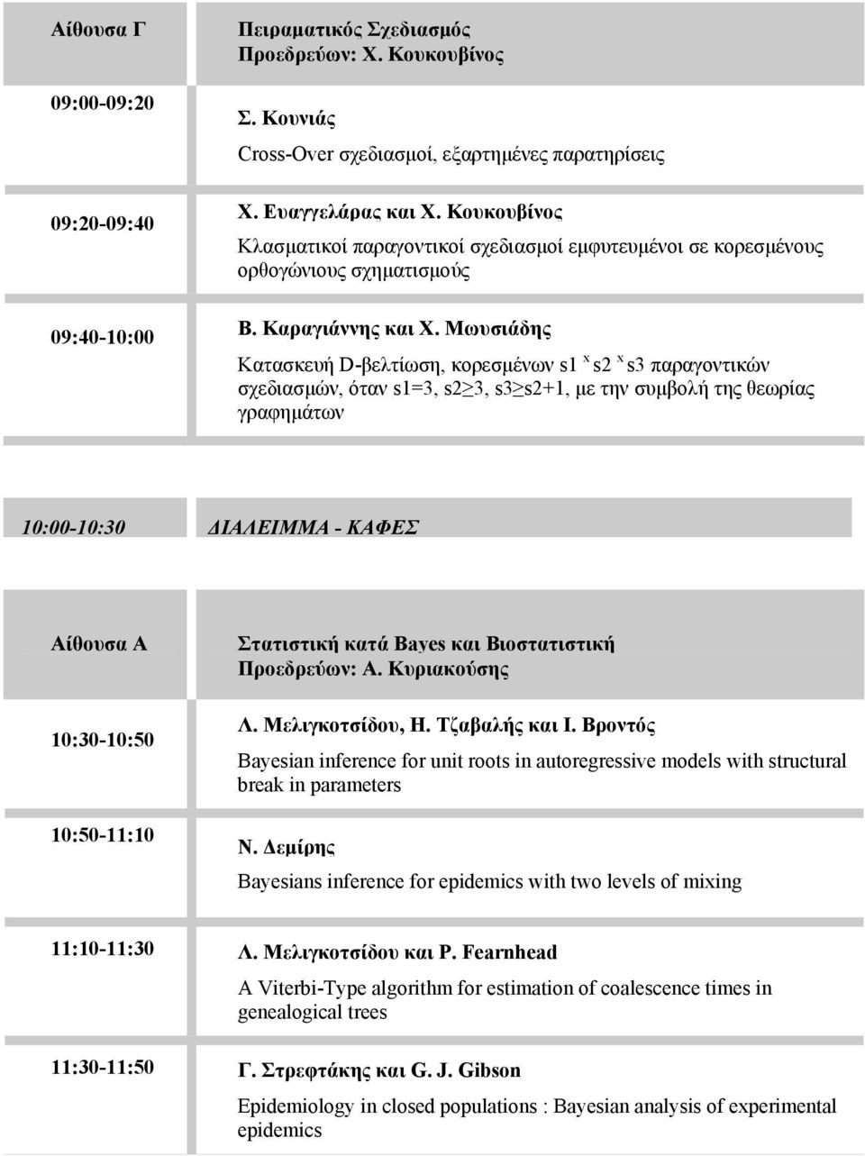 Μωυσιάδης Κατασκευή D-βελτίωση, κορεσμένων s1 x s2 x s3 παραγοντικών σχεδιασμών, όταν s1=3, s2 3, s3 s2+1, με την συμβολή της θεωρίας γραφημάτων 10:00-10:30 ΔΙΑΛΕΙΜΜΑ - ΚΑΦΕΣ Αίθουσα Α 10:30-10:50