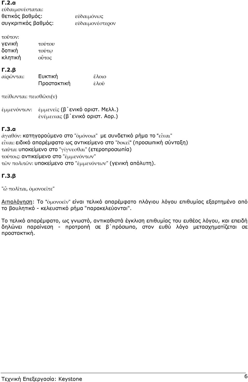 στο (γενική απόλυτη). Γ.3.β Αιτιολόγηση: Το " είναι τελικό απαρέµφατο πλάγιου λόγου επιθυµίας εξαρτηµένο από το βουλητικό - κελευστικό ρήµα "παρακελεύονται".