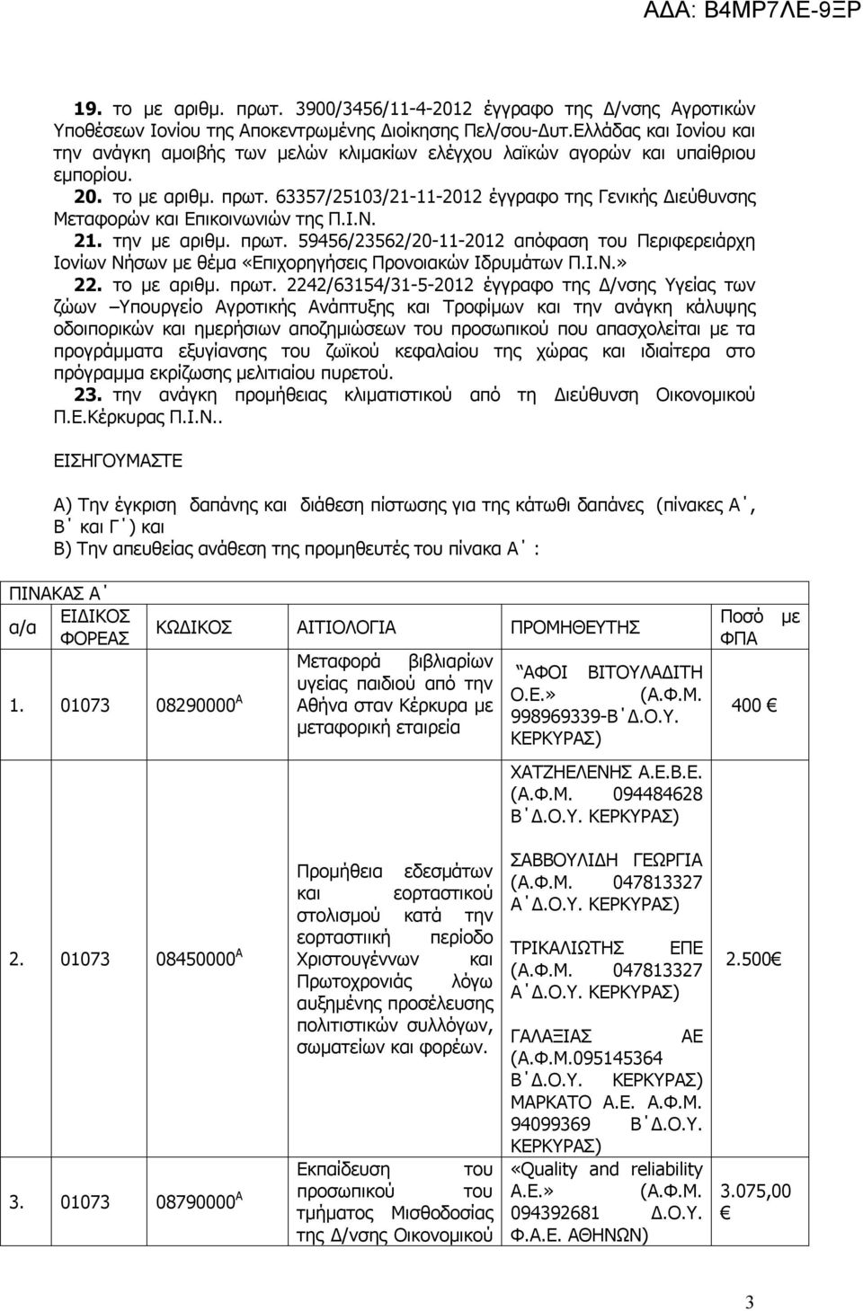 63357/25103/21-11-2012 έγγραφο της Γενικής Διεύθυνσης Μεταφορών και Επικοινωνιών της Π.Ι.Ν. 21. την με αριθμ. πρωτ.