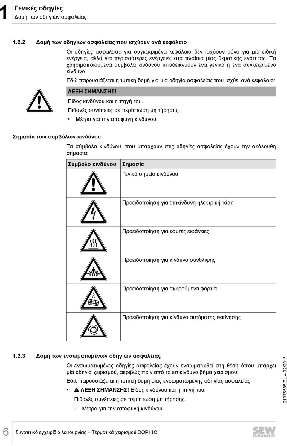 θεματικής ενότητας. Τα χρησιμοποιούμενα σύμβολα κινδύνου υποδεικνύουν ένα γενικό ή ένα συγκεκριμένο κίνδυνο.