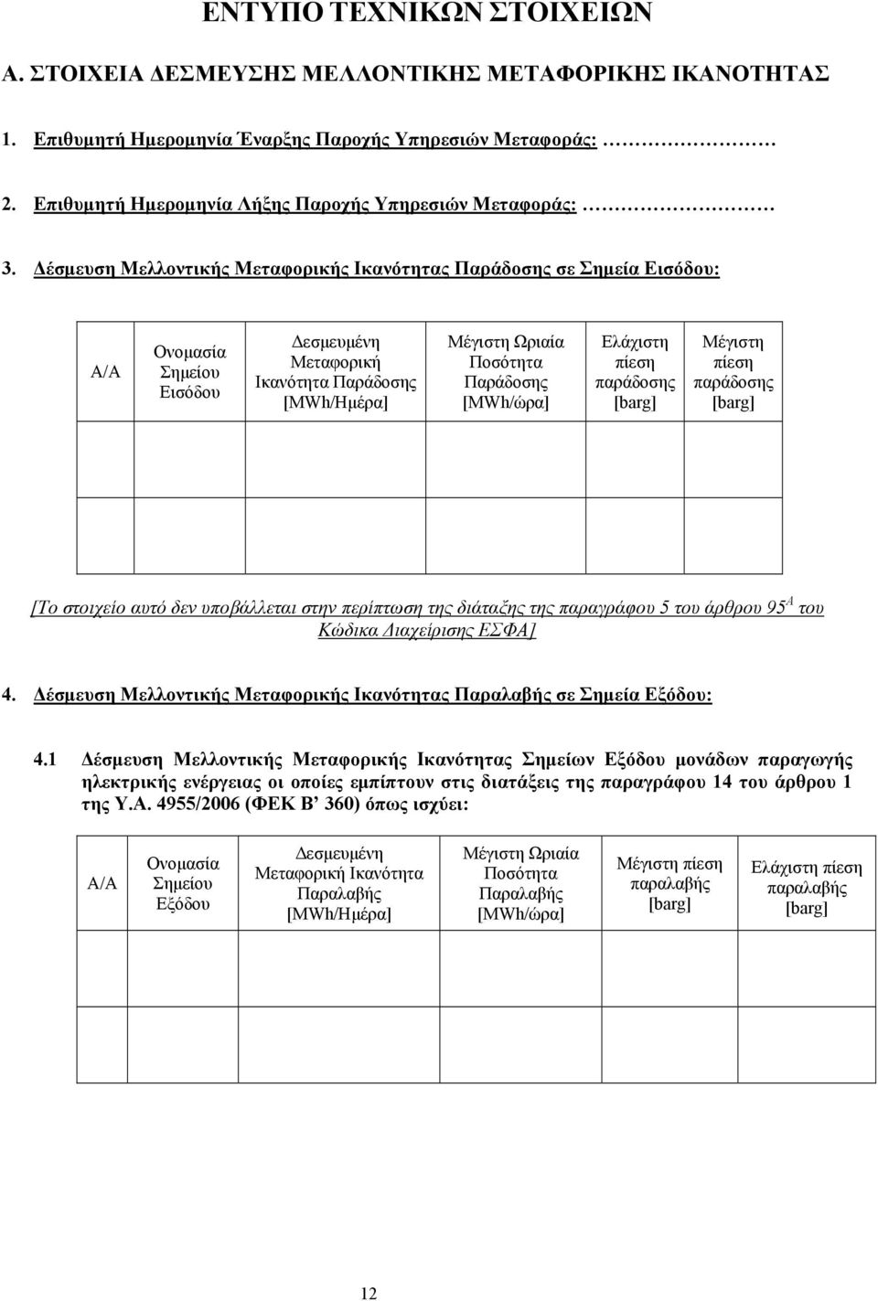 Δέσμευση Μελλοντικής Μεταφορικής Ικανότητας Παράδοσης σε Σημεία Εισόδου: Α/Α Ονομασία Σημείου Εισόδου Δεσμευμένη Μεταφορική Ικανότητα Παράδοσης [MWh/Ημέρα] Μέγιστη Ωριαία Ποσότητα Παράδοσης [MWh/ώρα]