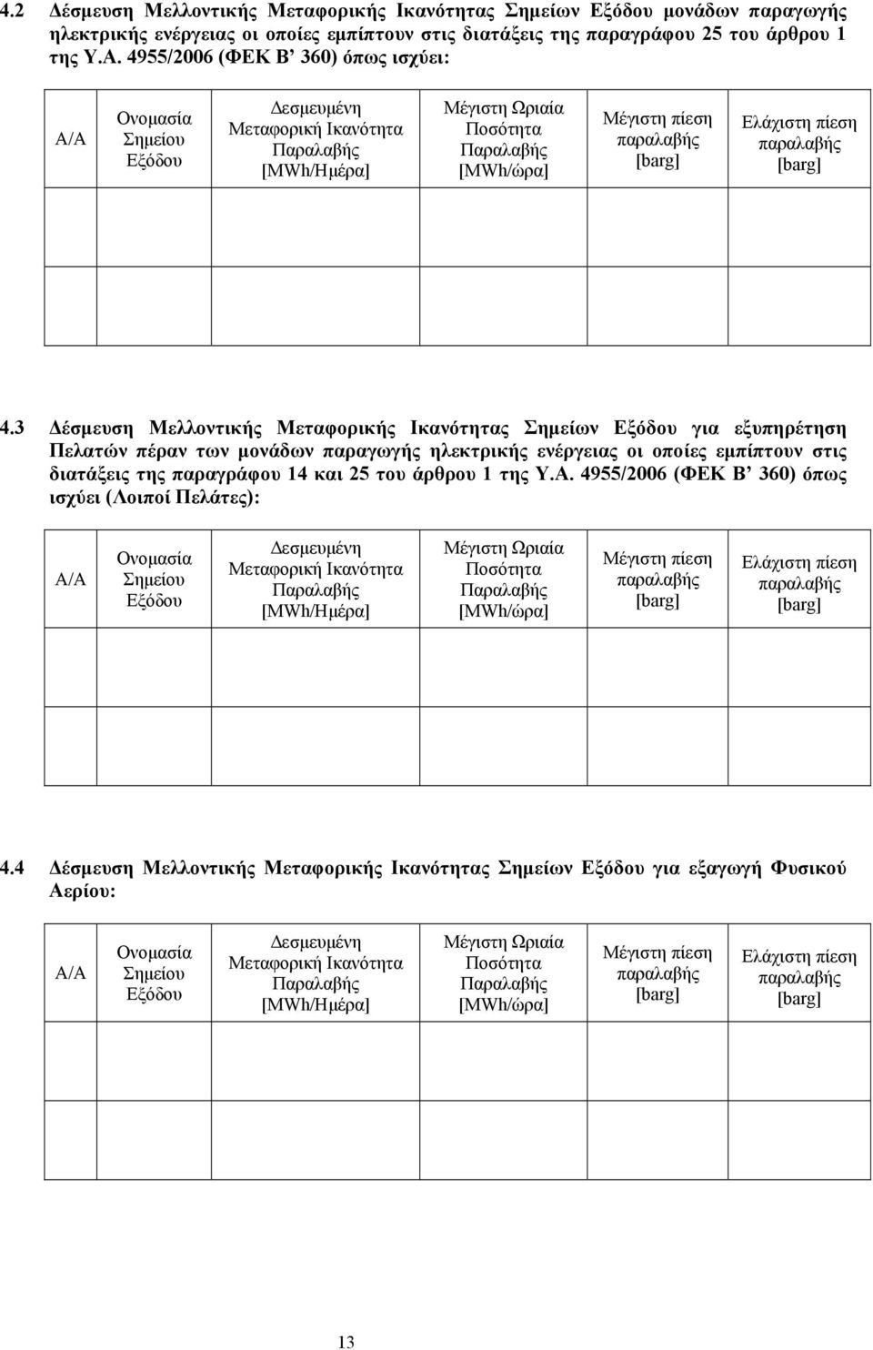 Ελάχιστη πίεση παραλαβής [barg] 4.