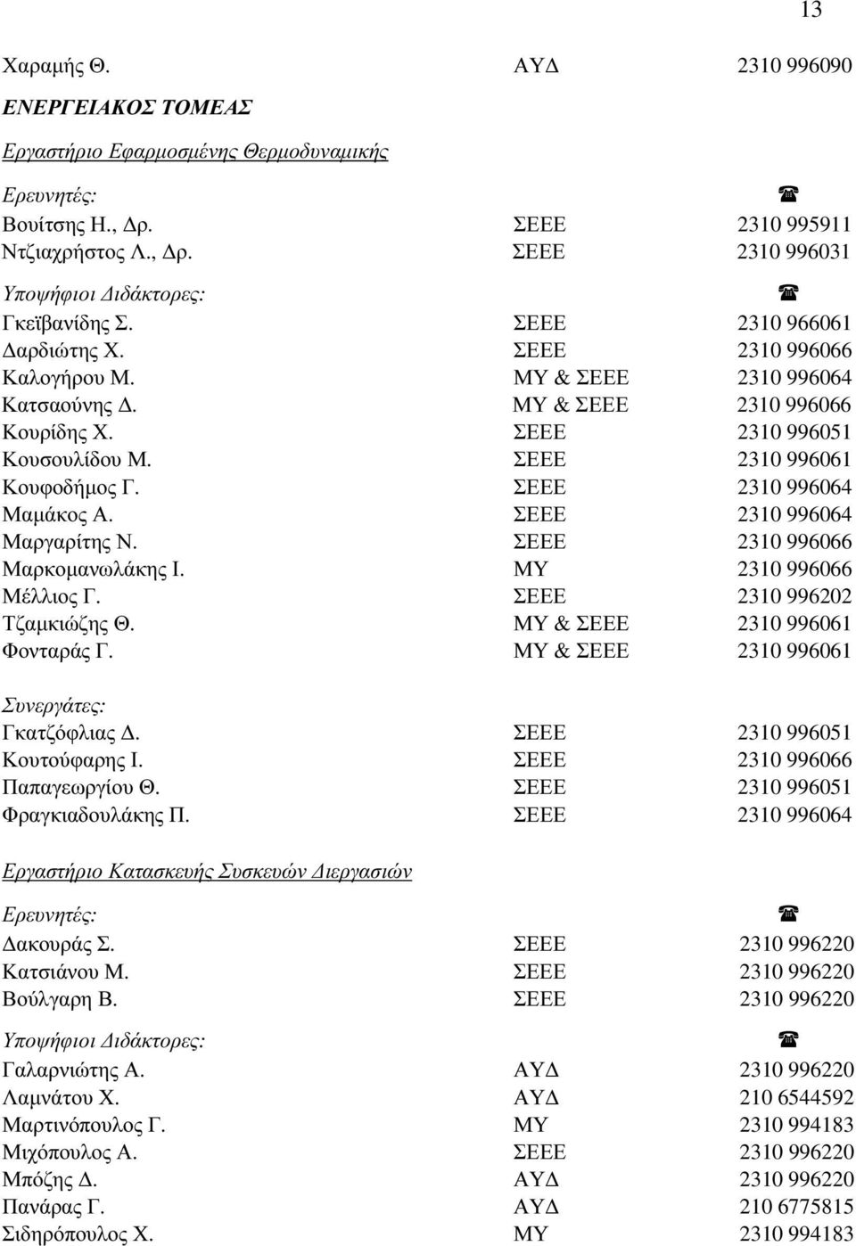 ΣΕΕΕ 2310 996064 Μαμάκος Α. ΣΕΕΕ 2310 996064 Μαργαρίτης Ν. ΣΕΕΕ 2310 996066 Μαρκομανωλάκης Ι. ΜΥ 2310 996066 Μέλλιος Γ. ΣΕΕΕ 2310 996202 Τζαμκιώζης Θ. ΜΥ & ΣΕΕΕ 2310 996061 Φονταράς Γ.
