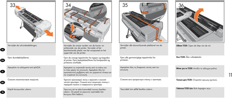 Fjern skumdækstykkerne. Fjern de orange tapestrimler fra toppen og bagsiden af printer. Fjern beskyttelsesfilmen fra frontpanelet og printerens overflade.