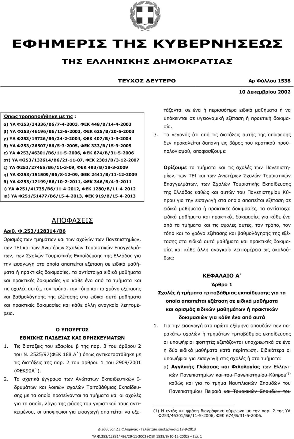ΥΑ Φ253/132614/Β6/21-11-07, ΦΕΚ 2301/Β/3-12-2007 ζ) ΥΑ Φ253/27465/Β6/11-3-09, ΦΕΚ 493/Β/18-3-2009 η) ΥΑ Φ253/151509/Β6/8-12-09, ΦΕΚ 2441/Β/11-12-2009 θ) ΥΑ Φ253/17199/Β6/10-2-2011, ΦΕΚ 346/Β/4-3-2011