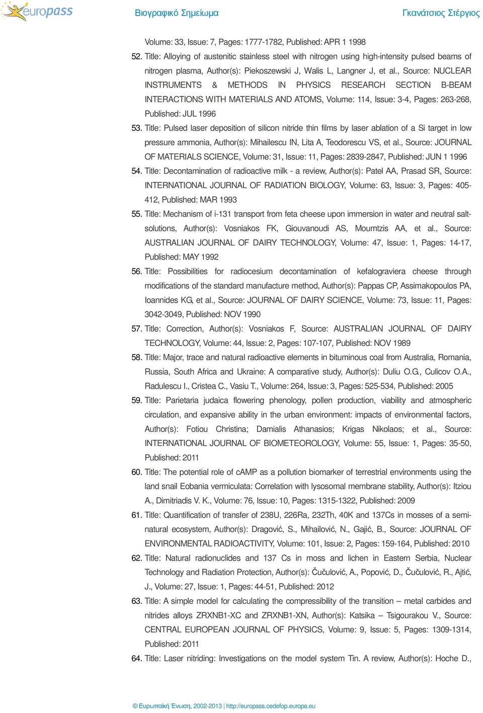 , Source: NUCLEAR INSTRUMENTS & METHODS IN PHYSICS RESEARCH SECTION B-BEAM INTERACTIONS WITH MATERIALS AND ATOMS, Volume: 114, Issue: 3-4, Pages: 263-268, Published: JUL 1996 53.