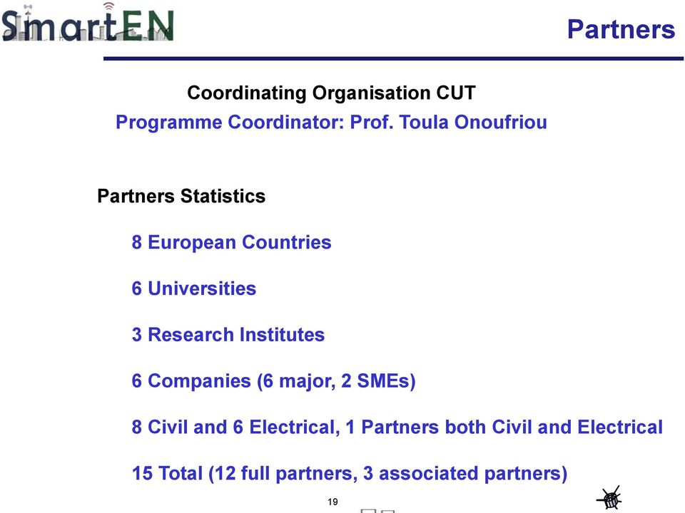 Research Institutes 6 Companies (6 major, 2 SMEs) 8 Civil and 6 Electrical,