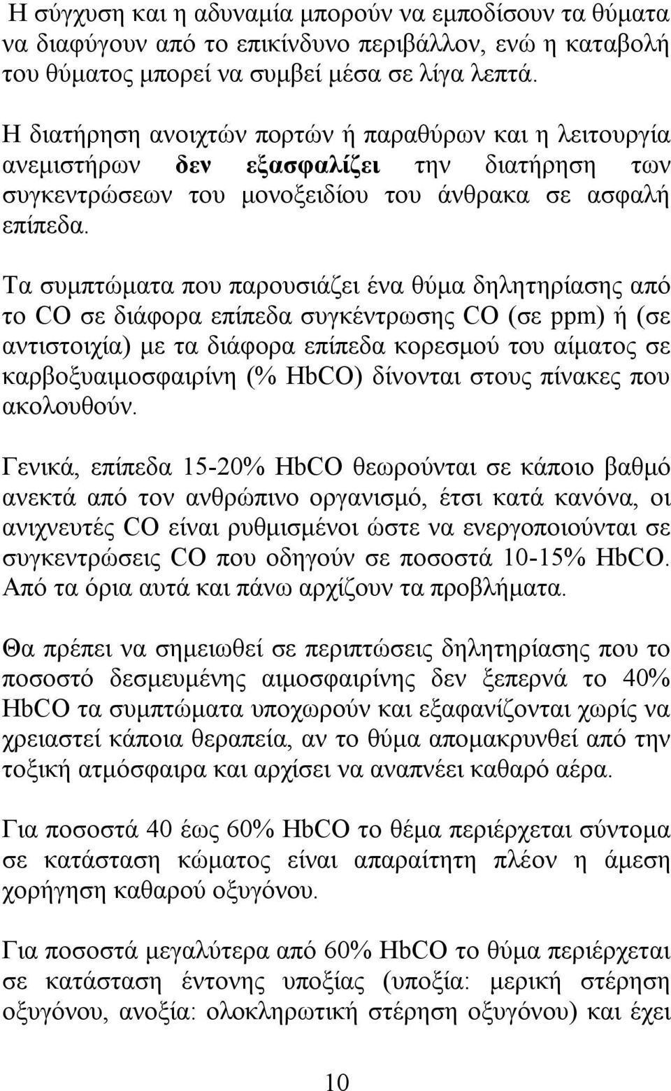 Τα συμπτώματα που παρουσιάζει ένα θύμα δηλητηρίασης από το CO σε διάφορα επίπεδα συγκέντρωσης CO (σε ppm) ή (σε αντιστοιχία) με τα διάφορα επίπεδα κορεσμού του αίματος σε καρβοξυαιμοσφαιρίνη (% HbCO)