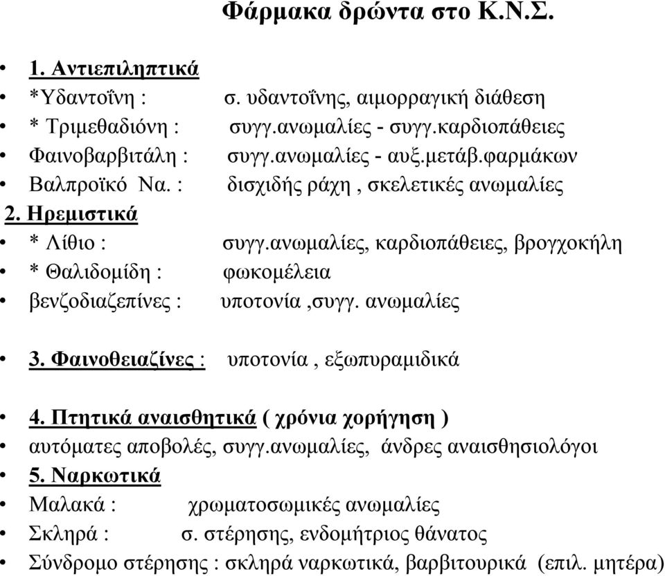 ανωμαλίες, καρδιοπάθειες, βρογχοκήλη * Θαλιδομίδη : φωκομέλεια βενζοδιαζεπίνες : υποτονία,συγγ. ανωμαλίες 3. Φαινοθειαζίνες : υποτονία, εξωπυραμιδικά 4.