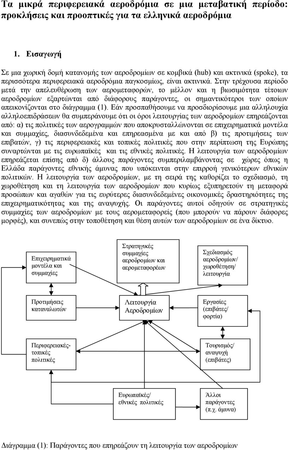 Στην τρέχουσα περίοδο μετά την απελευθέρωση των αερομεταφορών, το μέλλον και η βιωσιμότητα τέτοιων αεροδρομίων εξαρτώνται από διάφορους παράγοντες, οι σημαντικότεροι των οποίων απεικονίζονται στο