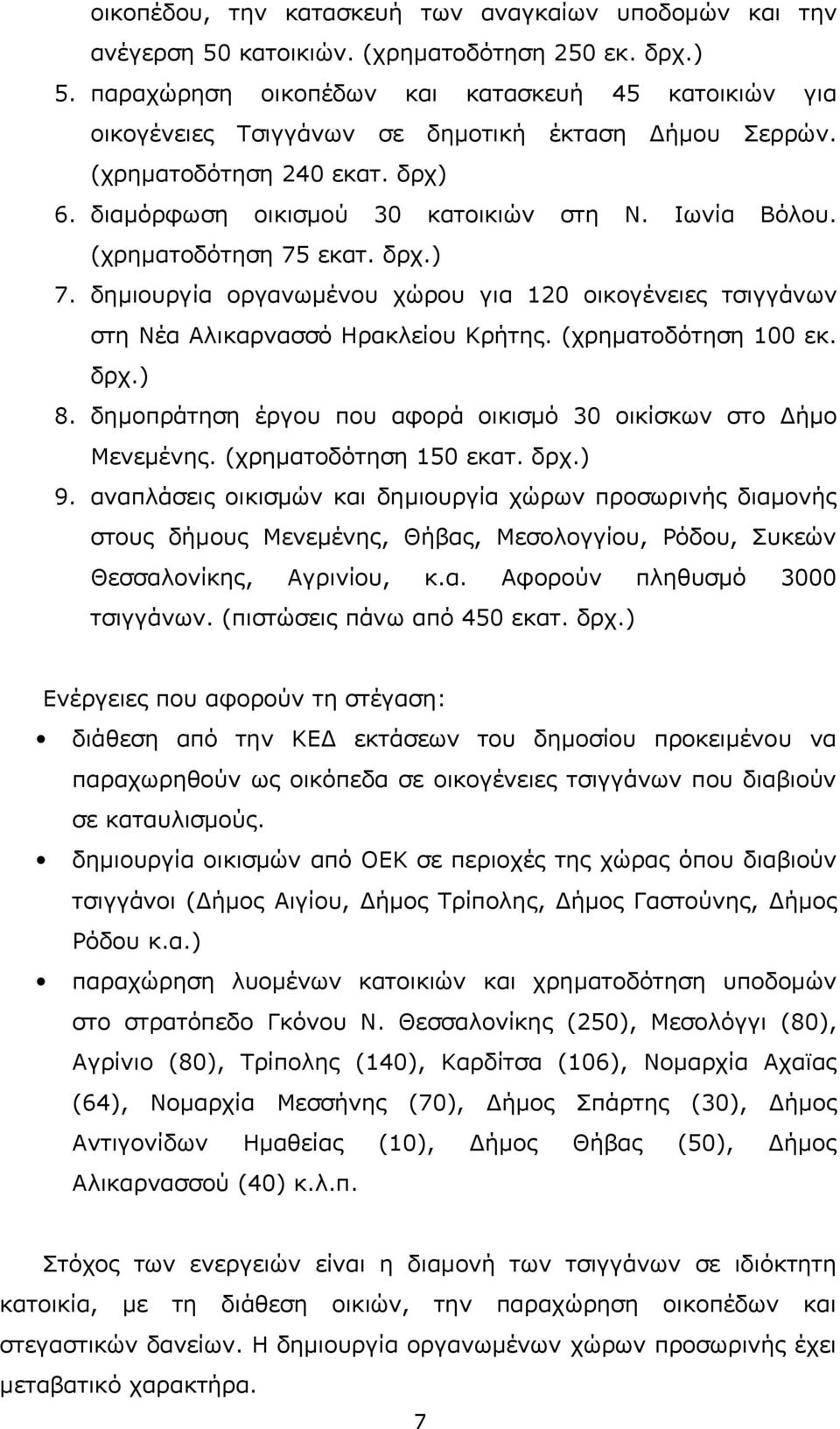 (χρηματοδότηση 75 εκατ. δρχ.) 7. δημιουργία οργανωμένου χώρου για 120 οικογένειες τσιγγάνων στη Νέα Αλικαρνασσό Ηρακλείου Κρήτης. (χρηματοδότηση 100 εκ. δρχ.) 8.