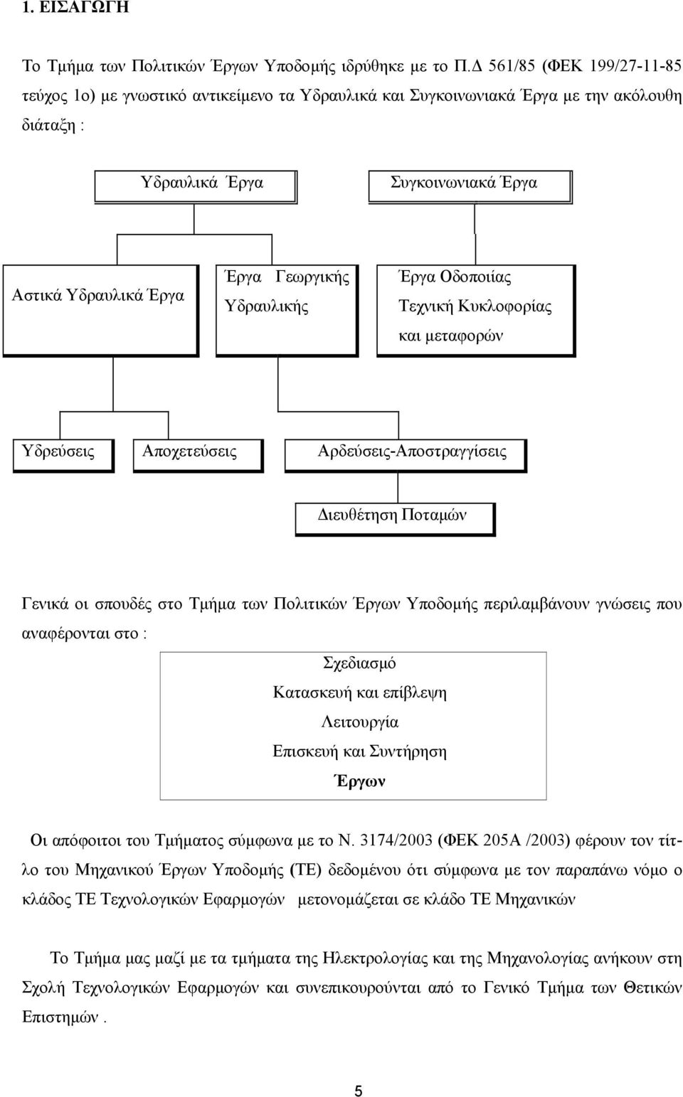 Υδραυλικής Έργα Οδοποιίας Τεχνική Κυκλοφορίας και µεταφορών Υδρεύσεις Αποχετεύσεις Αρδεύσεις-Αποστραγγίσεις ιευθέτηση Ποταµών Γενικά οι σπουδές στο Τµήµα των Πολιτικών Έργων Υποδοµής περιλαµβάνουν