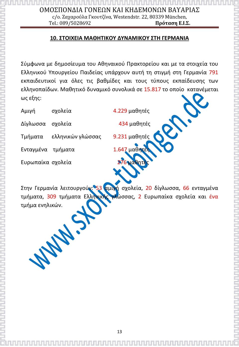 817 το οποίο κατανέμεται ως εξης: Αμιγή σχολεία 4.229 μαθητές Δίγλωσσα σχολεία 434 μαθητές Τμήματα ελληνικών γλώσσας 9.231 μαθητές Ενταγμένα τμήματα 1.