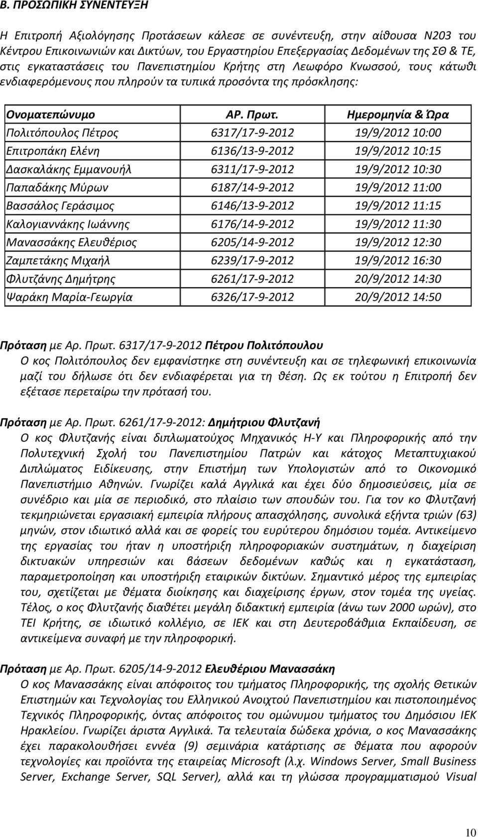 Ημερομηνία & Ώρα Πολιτόπουλος Πέτρος 6317/17-9-2012 19/9/2012 10:00 Επιτροπάκη Ελένη 6136/13-9-2012 19/9/2012 10:15 Δασκαλάκης Εμμανουήλ 6311/17-9-2012 19/9/2012 10:30 Παπαδάκης Μύρων 6187/14-9-2012