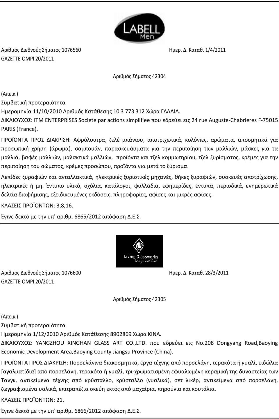 ΠΡΟΪΟΝΤΑ ΠΡΟΣ ΔΙΑΚΡΙΣΗ: Αφρόλουτρα, ζελέ μπάνιου, αποτριχωτικά, κολόνιες, αρώματα, αποσμητικά για προσωπική χρήση (άρωμα), σαμπουάν, παρασκευάσματα για την περιποίηση των μαλλιών, μάσκες για τα