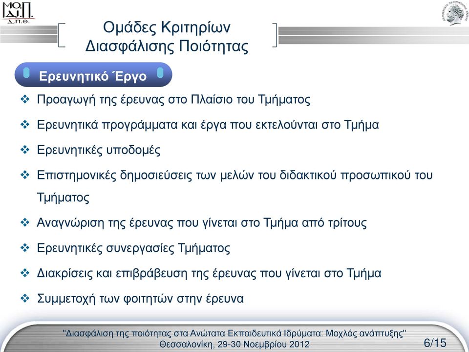 διδακτικού προσωπικού του Τμήματος Αναγνώριση της έρευνας που γίνεται στο Τμήμα από τρίτους Ερευνητικές