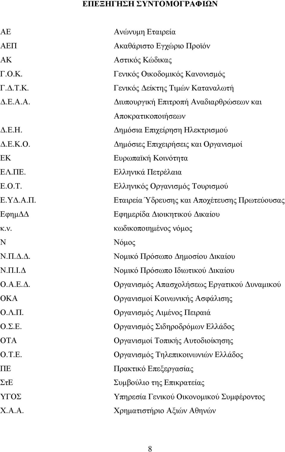 ΑΕΠ ΑΚ Γ.Ο.Κ. Γ..Τ.Κ..Ε.Α.Α..Ε.Η..Ε.Κ.Ο. ΕΚ ΕΛ.ΠΕ. Ε.Ο.Τ. Ε.Υ.Α.Π. Εφηµ κ.ν. Ν Ν.Π... Ν.Π.Ι. Ο.Α.Ε.. ΟΚΑ Ο.Λ.Π. Ο.Σ.Ε. ΟΤΑ Ο.Τ.Ε. ΠΕ ΣτΕ ΥΓΟΣ Χ.Α.Α. Ανώνυµη Εταιρεία Ακαθάριστο Εγχώριο Προϊόν Αστικός